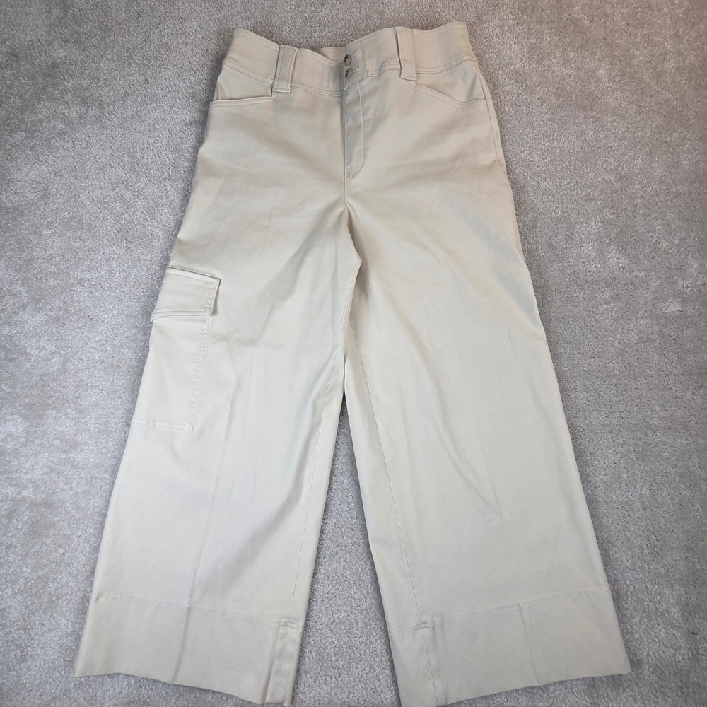 Spanx Stretch Twill Wide Leg Cargo Ankle Crop Pants Cream Womens Large Pockets